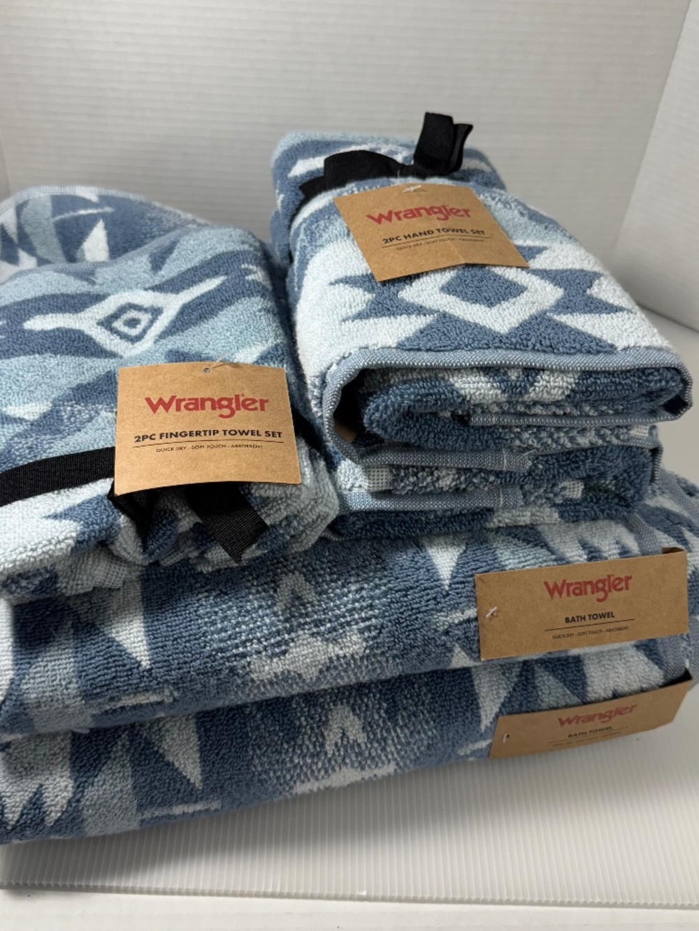 Wrangler 2 Bath, 2 Hand and, 2 Finger Towels Set NWT Blue Aztec Country Western
